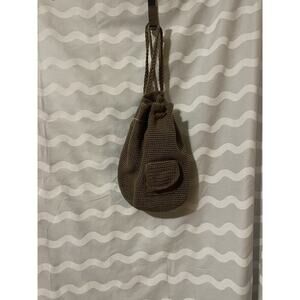 THE SAK Crochet Drawstring Backpack Lt. Brown With Charm Hobo Purse Shoulder Bag